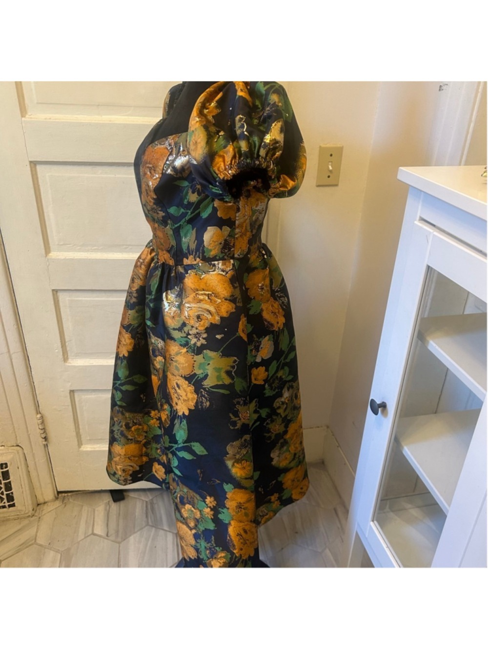 Women's DB Studio Navy Gold Floral High Low Dress Size 12 Regency Romantic - Picture 4 of 9